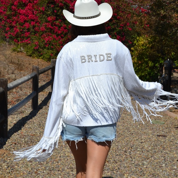 White Sequin Bride Jacket, Bride Bachelorette Bridal Shower Engagement Gift - Picture 6 of 9
